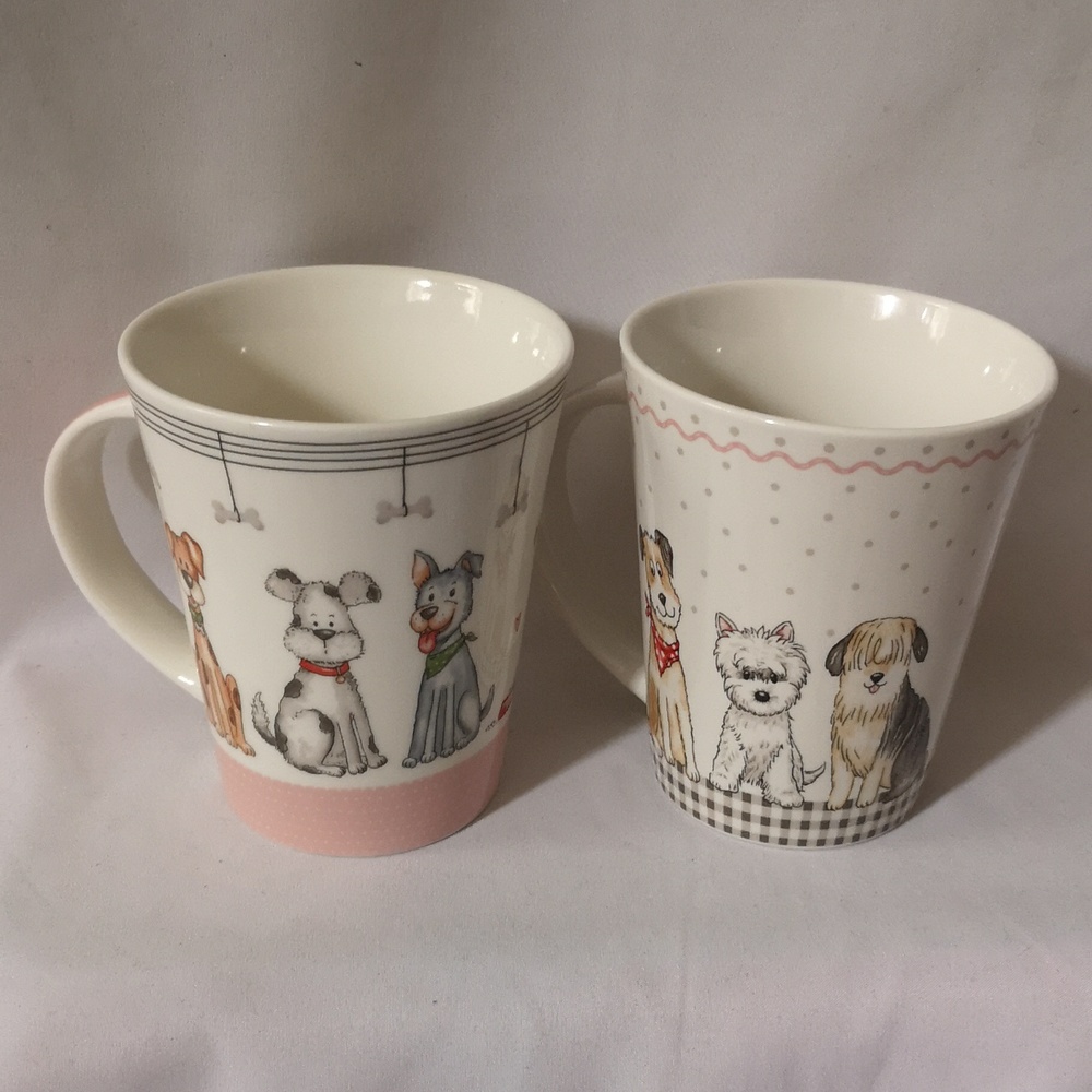 Set of Two Adorable Dog Motif Coffee Tea Mugs Matching Designs, Casa Signature